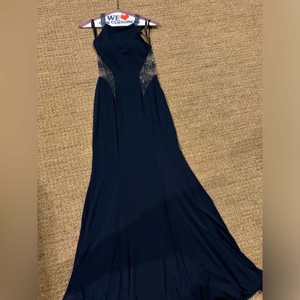 NWT Terani Couture Elegant Navy Blue Cut Out Rhinestone Evening Prom Gown Size 0